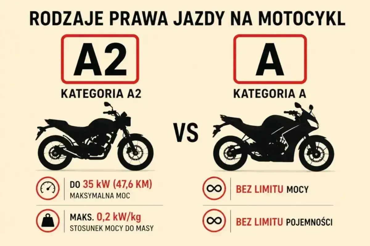Porównanie kategorii prawa jazdy na motocykl: A2 (do 35 kW) vs A (bez limitu mocy i pojemności).