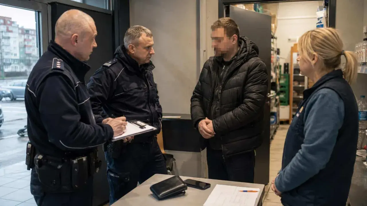 Policjanci przesłuchują mężczyznę w związku z podejrzeniem kradzieży z włamaniem. Na stole leży portfel i telefon.