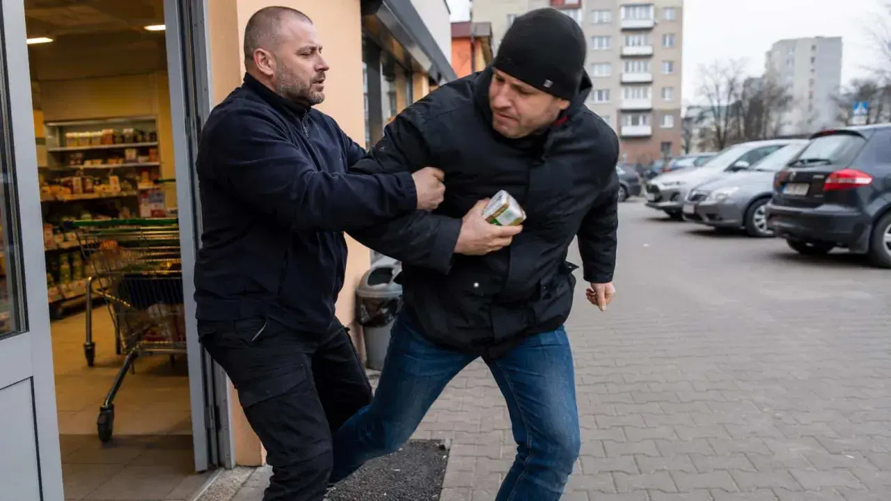 Mężczyzna próbuje uciec ze sklepu z produktem, ale drugi mężczyzna go łapie. To próba kradzieży rozbójniczej.