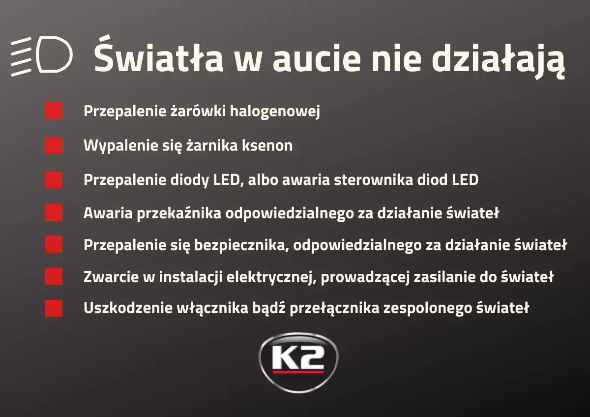 Lista przyczyn niedziałania świateł w aucie: przepalone żarówki, awarie przekaźników, bezpieczników, instalacji elektrycznej, włącznika. Sprawdź, na jakich światłach się jeździ.