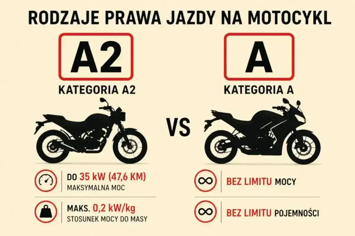 Porównanie kategorii prawa jazdy na motocykl: A2 (do 35 kW) vs A (bez limitu mocy i pojemności).