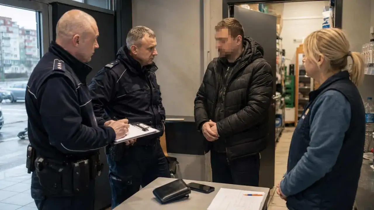 Policjanci przesłuchują mężczyznę w związku z podejrzeniem kradzieży z włamaniem. Na stole leży portfel i telefon.