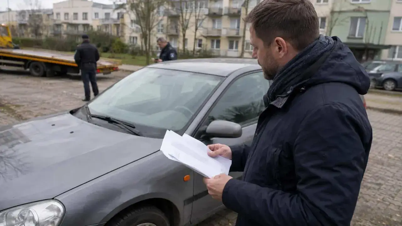 Mężczyzna czyta dokumenty przy samochodzie. Policjanci i laweta w tle sugerują, że trwa śledztwo w sprawie kradzieży auta.