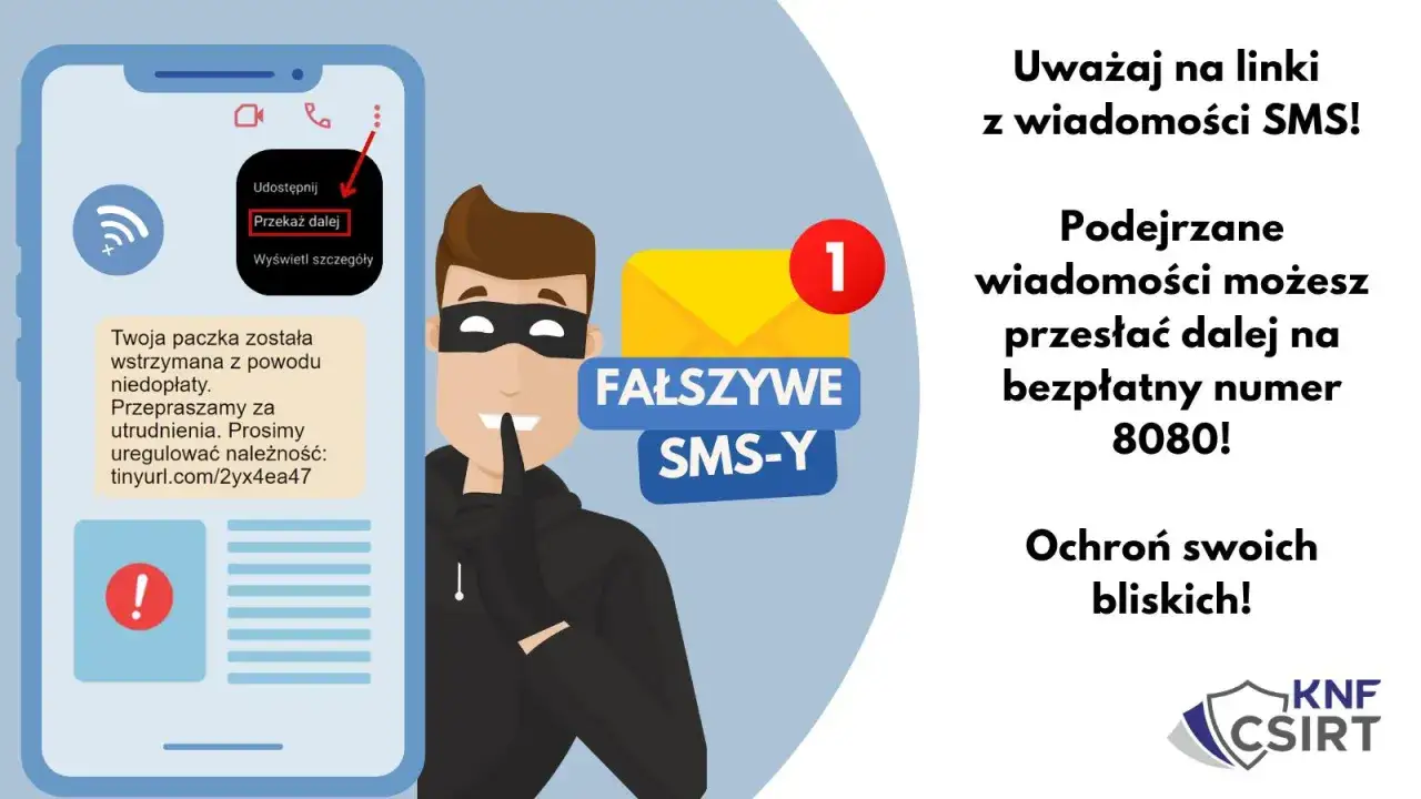 Oszustwo smishing: fałszywy SMS o paczce z linkiem. Podejrzane wiadomości przesyłaj na 8080. Chroń bliskich!