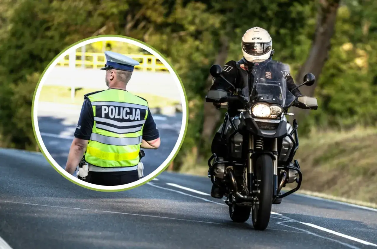 Policjant w kamizelce odblaskowej kontroluje ruch. Obok motocyklista w kasku, który może być przyszłym posiadaczem prawa jazdy a1.