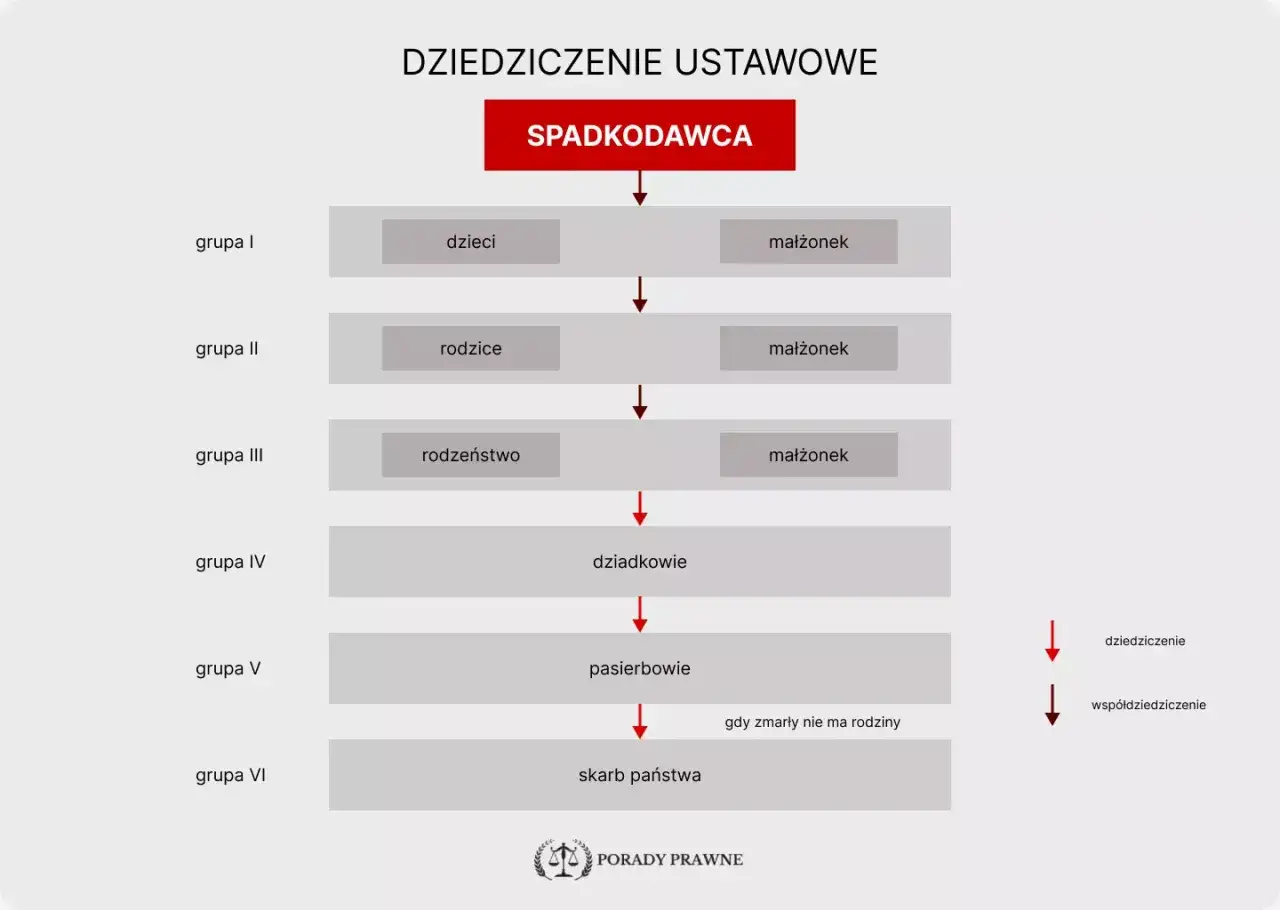 Schemat dziedziczenia ustawowego: od spadkodawcy, przez dzieci, rodziców, rodzeństwo, dziadków, pasierbów, aż do skarbu państwa. Kolejność zstępnych jest kluczowa.