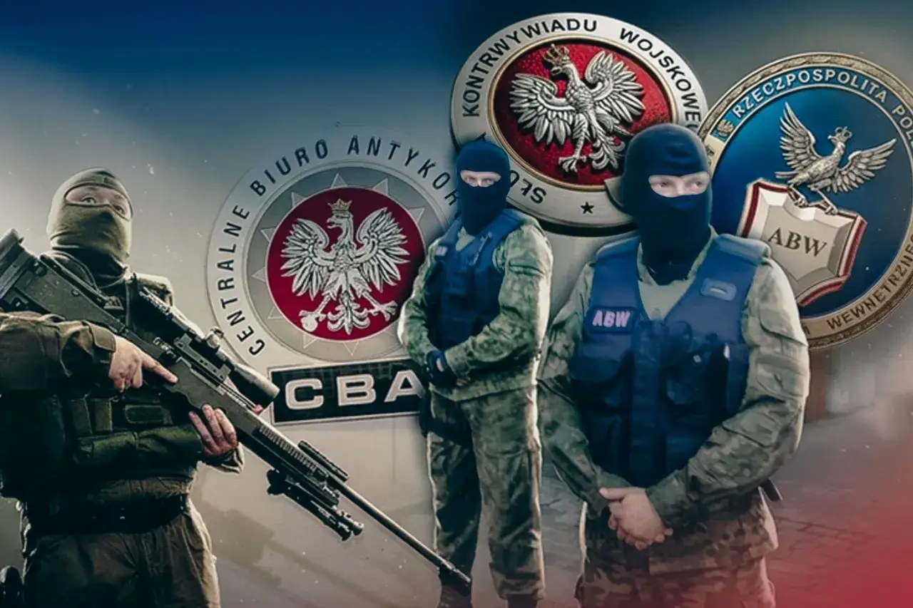 Trzech funkcjonariuszy w kominiarkach, jeden z karabinem snajperskim, na tle symboli CBA, ABW i kontrwywiadu wojskowego.
