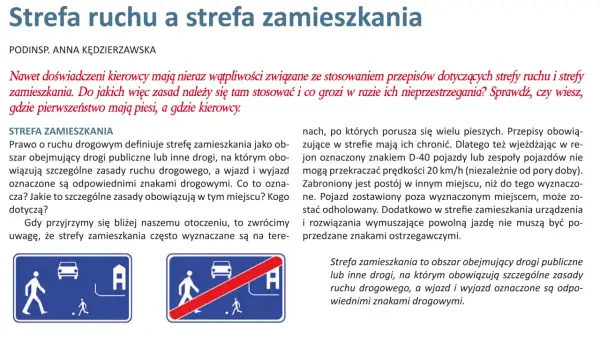 Znaki drogowe informują o wjeździe do strefy zamieszkania, gdzie piesi mają pierwszeństwo. Obowiązuje tam ograniczenie prędkości do 20 km/h.
