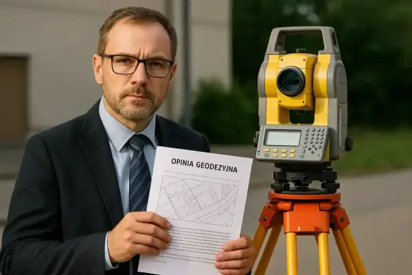 Biegły sądowy w okularach trzyma opinię geodezyjną obok tachimetru.