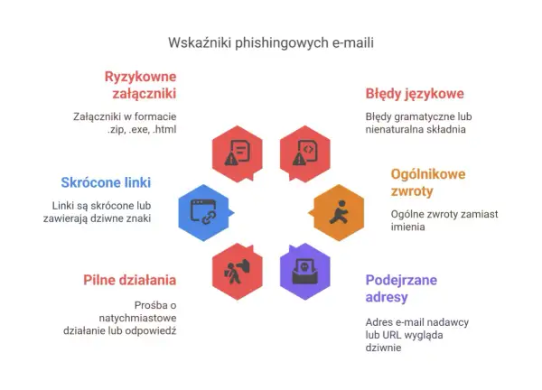 Diagram przedstawiający wskaźniki phishingowych e-maili: ryzykowne załączniki, skrócone linki, pilne działania, podejrzane adresy, ogólnikowe zwroty, błędy językowe.