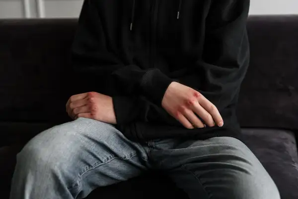 Dłonie z otarciami, siedząca osoba w bluzie i jeansach. To mogą być niebieska karta konsekwencje.