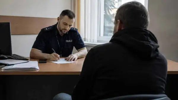 Policjant w mundurze pisze coś na papierze, siedząc naprzeciwko mężczyzny w bluzie z kapturem.