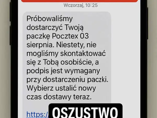 Oszustwo typu smishing: SMS o niedostarczonej paczce Pocztex z linkiem do zmiany terminu odbioru. Uważaj na podejrzane wiadomości!