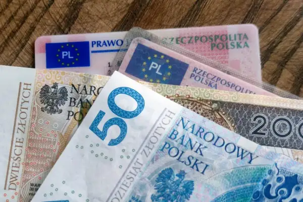 Polskie prawo jazdy i banknoty 50 zł, 200 zł. Dokumenty i pieniądze, które mogą być potrzebne do podróży, zgodnie z 180a kk.