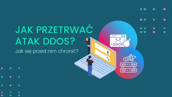 Ilustracja przedstawia laptopa z ikonami ataku DDoS i rakiety, symbolizującymi ochronę serwisu.