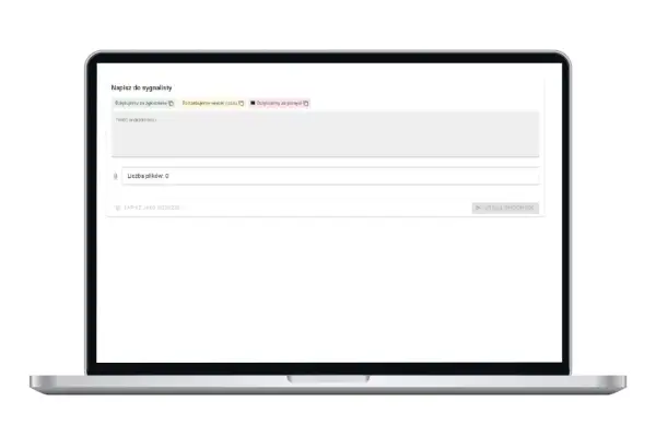 Formularz do napisania wiadomości dla sygnalisty. Można wybrać opcję "Dziękujemy za zgłoszenie", "Potrzebujemy więcej czasu" lub "Dziękujemy za pomysł".