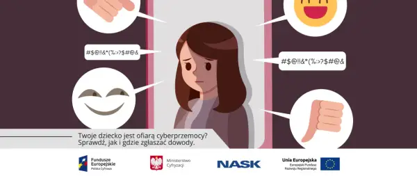 Smutna dziewczynka otoczona symbolami hejtu i wyzwisk. Czy Twoje dziecko doświadcza cyberprzemocy?