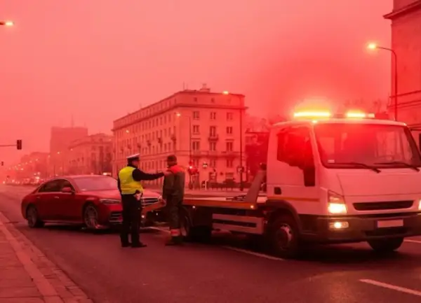 Policjant nadzoruje konfiskatę samochodu. Czerwony sedan jest ładowany na lawetę, podczas gdy migające światła ostrzegawcze oświetlają scenę w mieście.