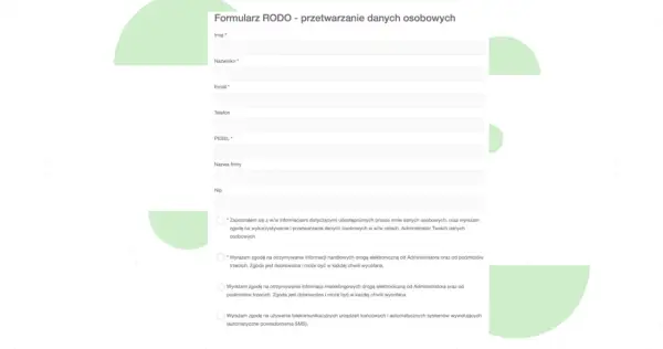 Formularz RODO: zgody na przetwarzanie danych osobowych, marketing, informacje handlowe i SMS.