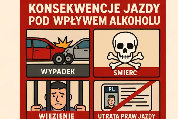 Konsekwencje jazdy po alkoholu: wypadek, śmierć, więzienie, utrata prawa jazdy. Nie ryzykuj!