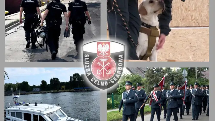 Celnik w mundurze prowadzi psa służbowego. Inni celnicy idą w szyku, a także patrolują wodę łodzią.